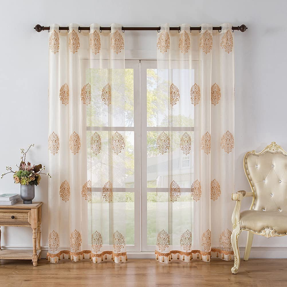 Elkca Embroidered Sheer Curtains Beads For Bedroom Window Tulle Curtain For