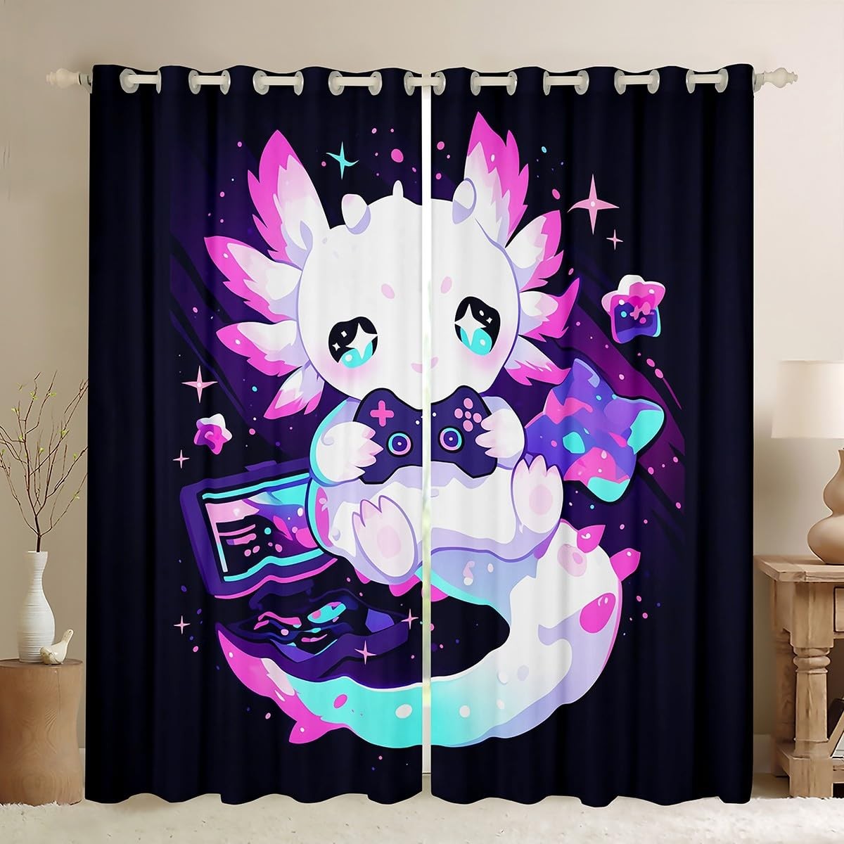 Cartoon Axolotl Kids Window Curtains Axolotl Gaming Blackout Curtains 42″ Wx6…