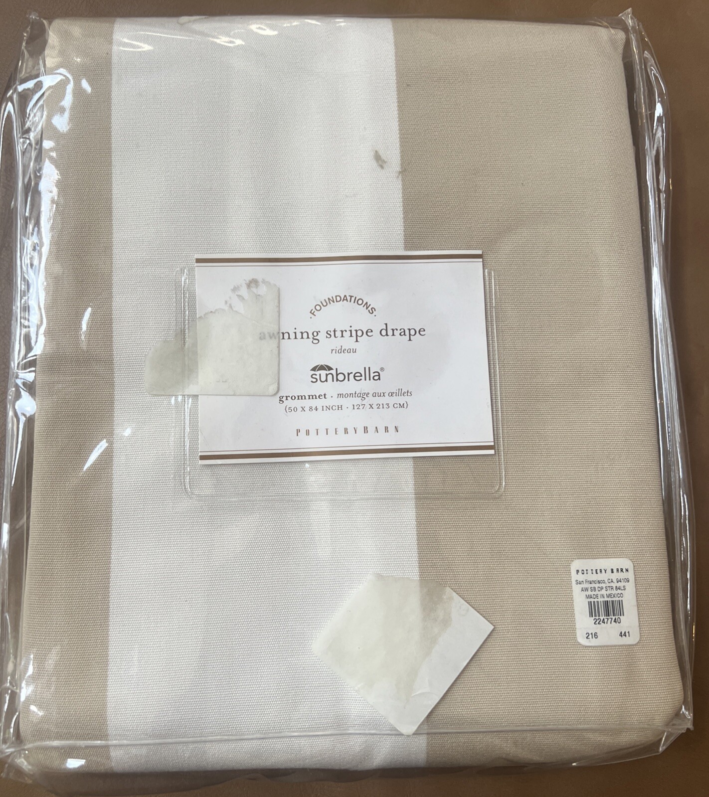 NEW Pottery Barn Sunbrella® Awning Stripe 50 x 84 Outdoor Grommet Drape Khaki