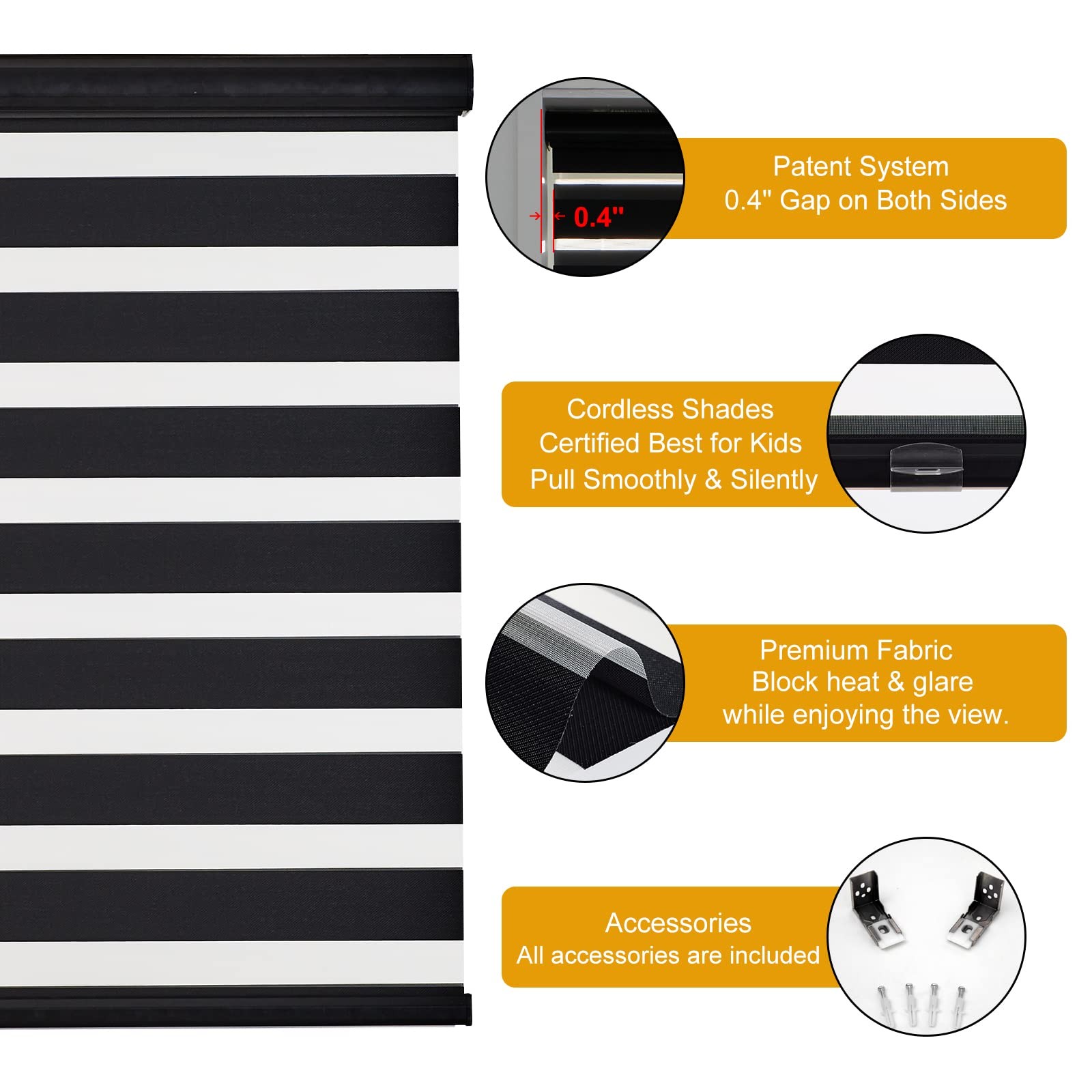 Cordless Zebra Blinds for Windows (34″ W X 64″ H, Black) Free-Stop Windows Sh…