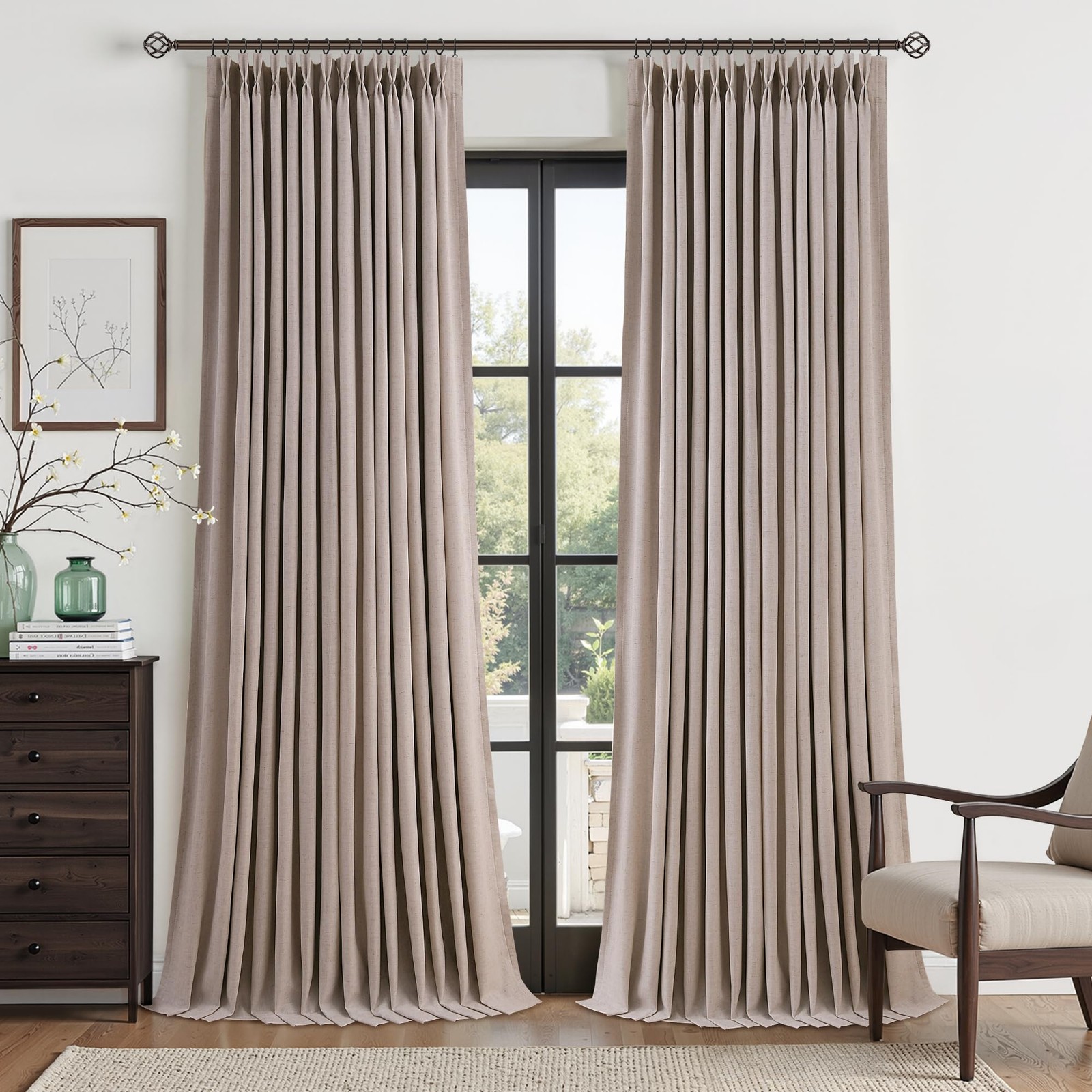Oatmeal 100% Blackout Pleated Linen Curtains 120 Inches Long 2 Panels Set for…