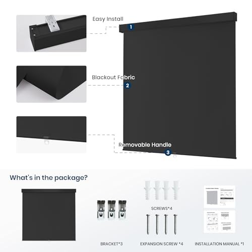 100%out Roller Shades Cordless Blinds for Indoor Windows,Free 23″W x 72″H Black