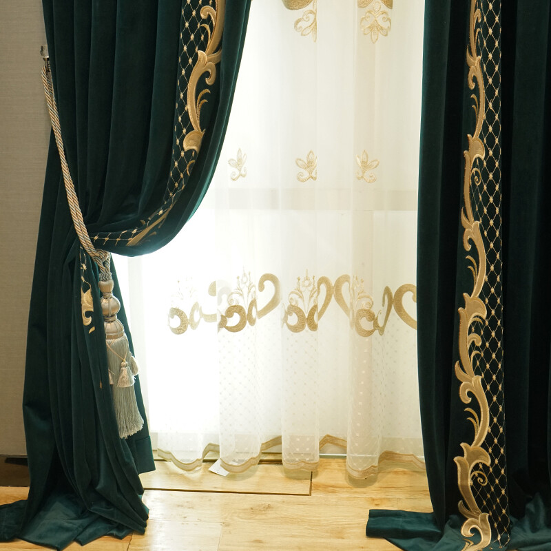 luxury peacock blue embroidery velvet cloth blackout curtain tulle drape C911