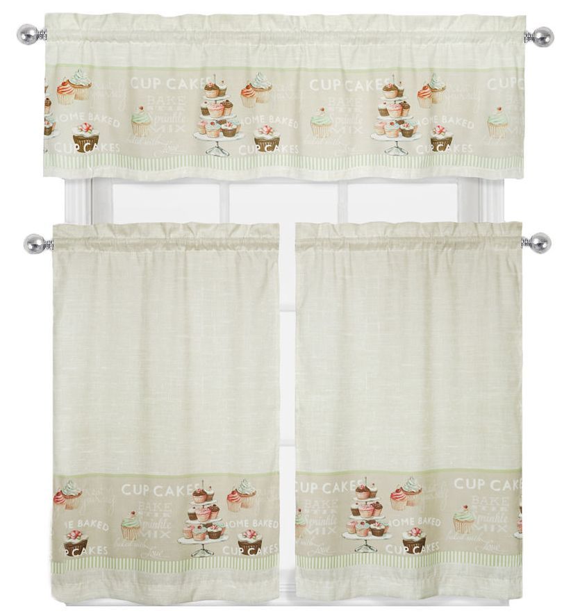 3 pc Printed Kitchen Curtains Set: 2 Tiers (28″x36″)& Valance (56″x15″) CUPCAKES