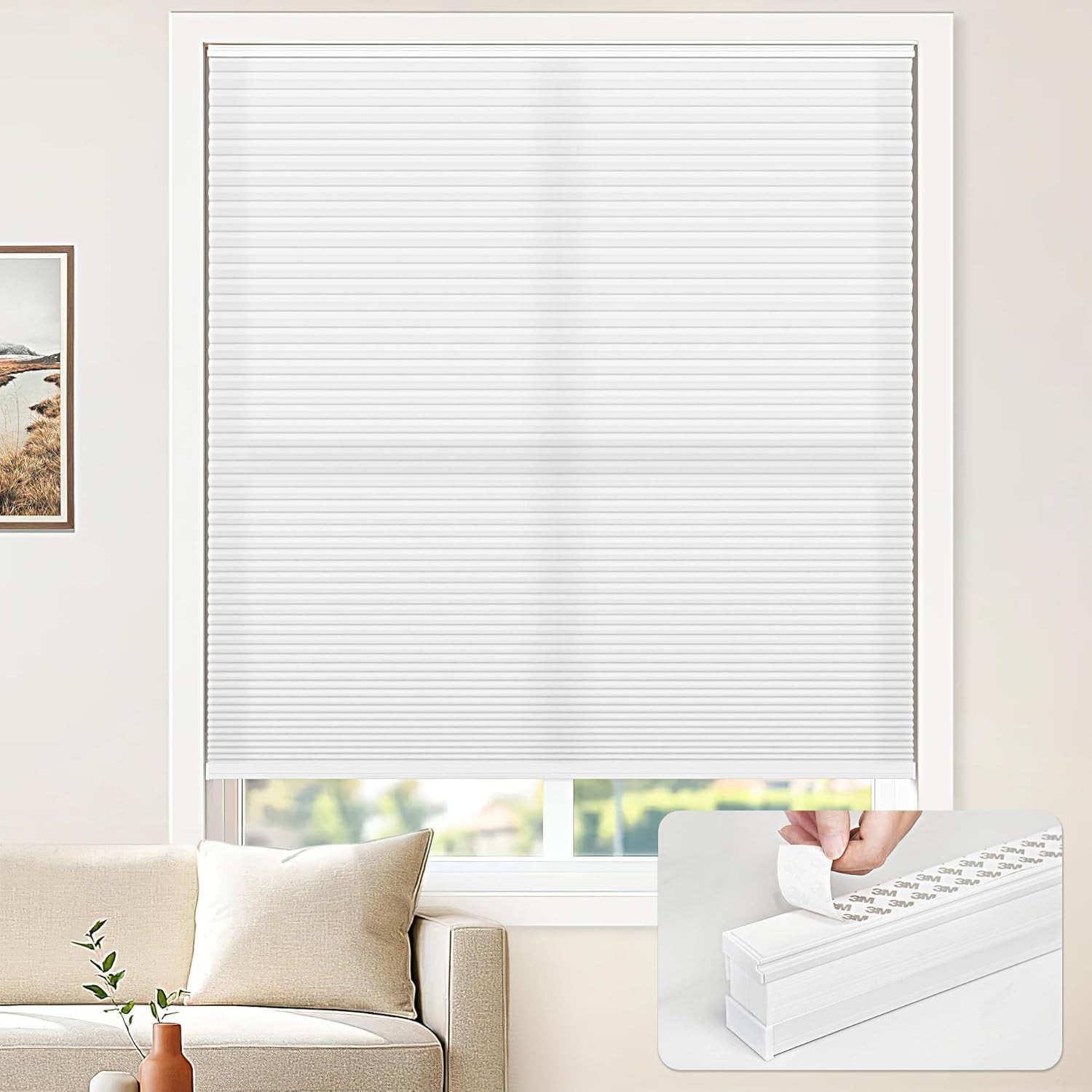 Cordless Honeycomb Blinds, UV Protection, Easy Mount, 38″ W x 72″ H, White