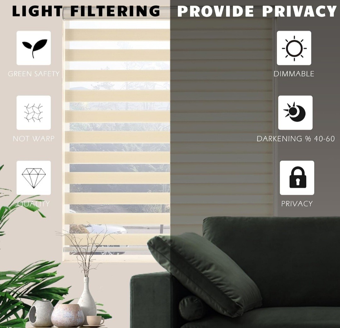 Blind Dual Layer Polyester Zebra Roller Light Filtering Sheer Shades 20″W x 72″L