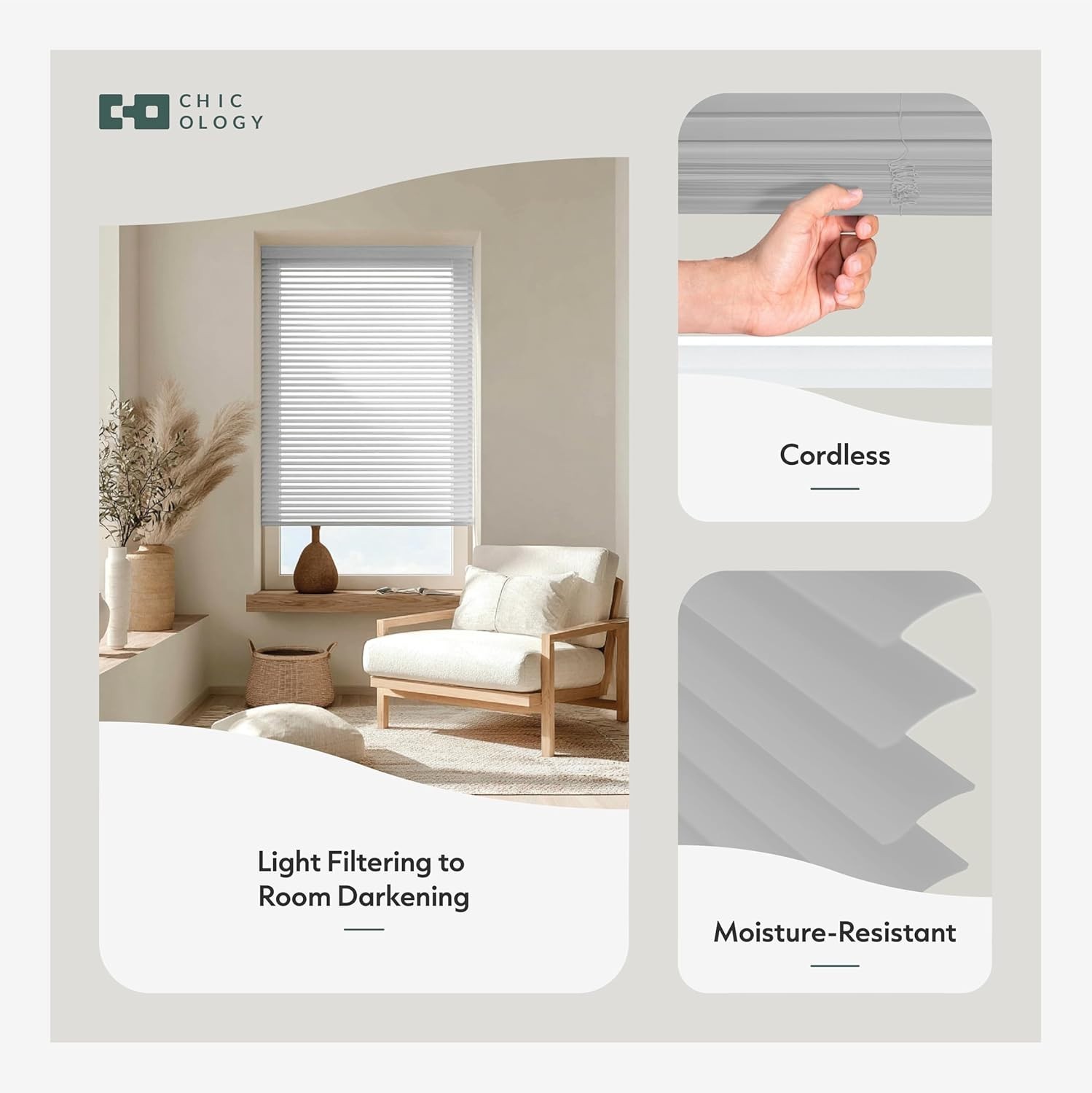 Elegant Child-Safe Cordless Mini Blinds, 12″ W x 48″ H, Gray Vinyl Slats