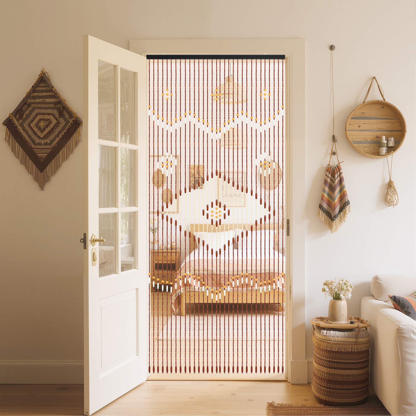 Bamboo Wood Beaded Valance Curtain Handmade Doorway Boho Decoration Valance