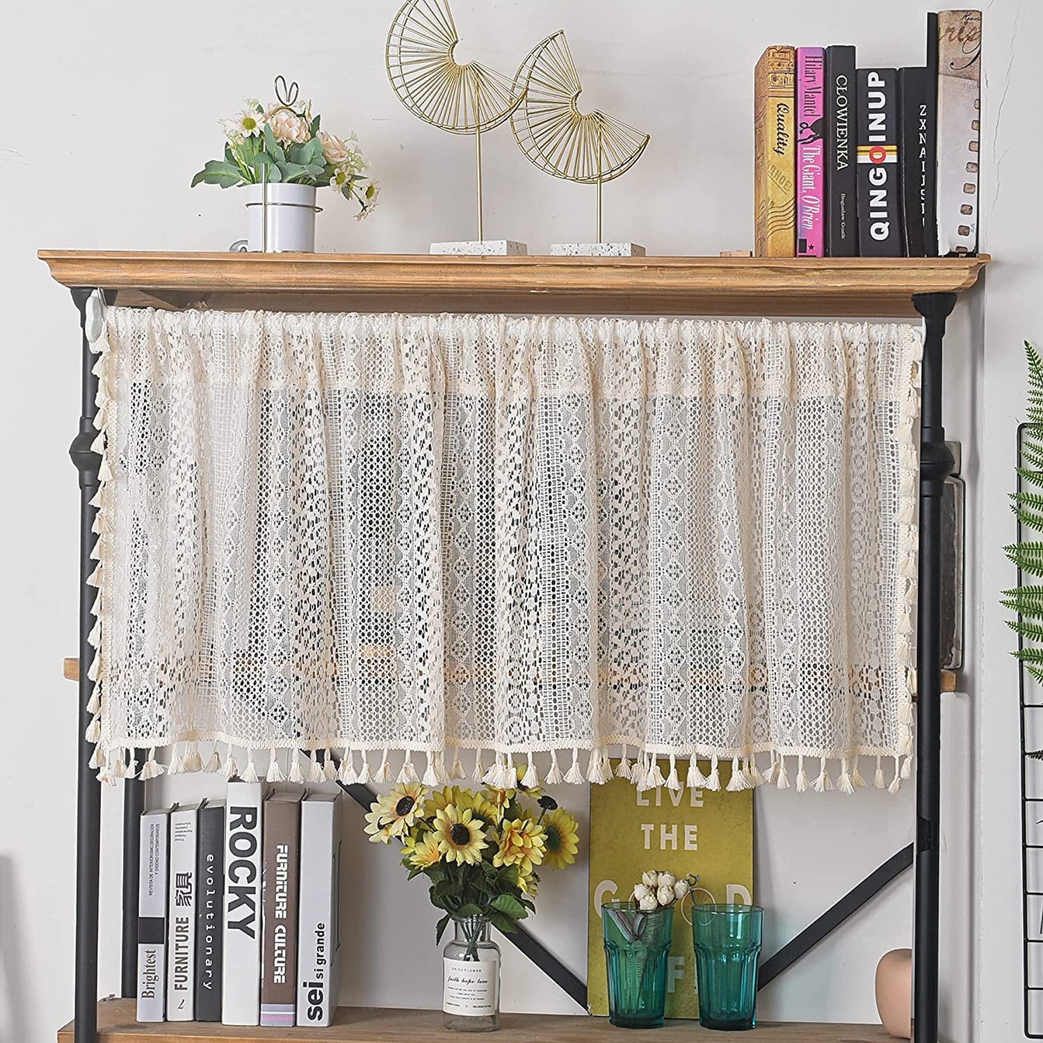 Boho Sheer Curtain Valance Crochet Lace with Bohemian Hollow Knitted Handmade…