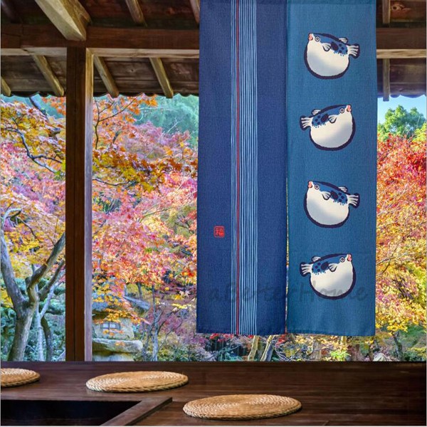 Indigo Blue Japanese Noren Fugu Puffer Fish Door Curtain Split Panel Divider Dec