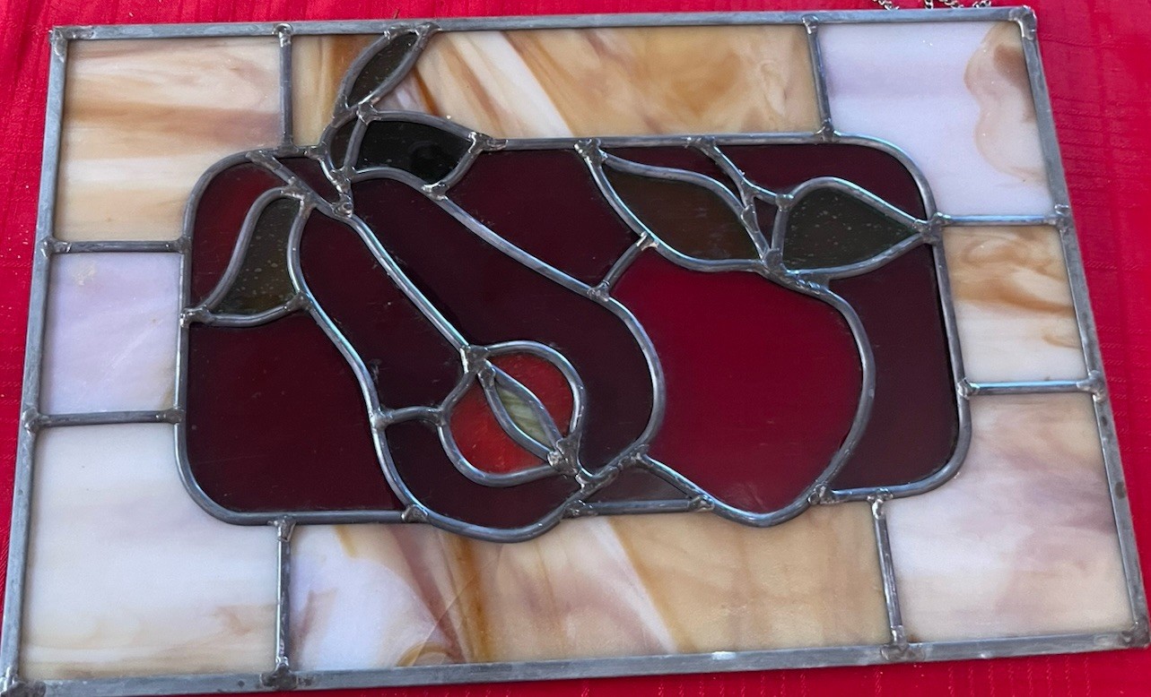 Stained Glass Suncatcher Red Apple & Pear Window Art Decor 15″ X 10″ Vintage