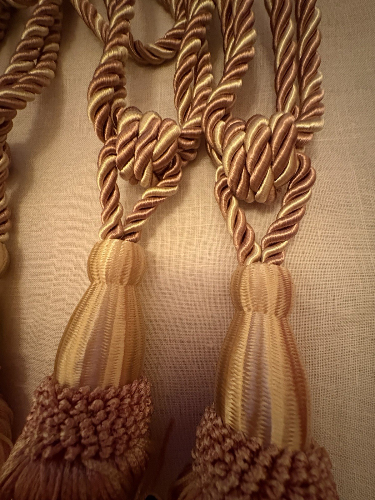 4 Large Vintage Curtain Tiebacks, Twisted, Light Pink And Gold-Tassel