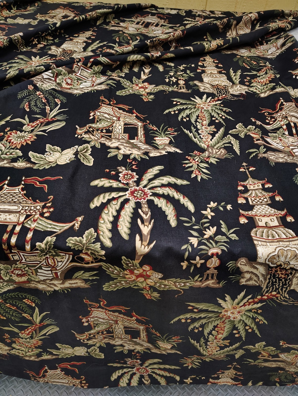 New Custom DRAPES Thibaut Tea House Asian Pagoda 2 pc Lined Pleats 100″ lg Black