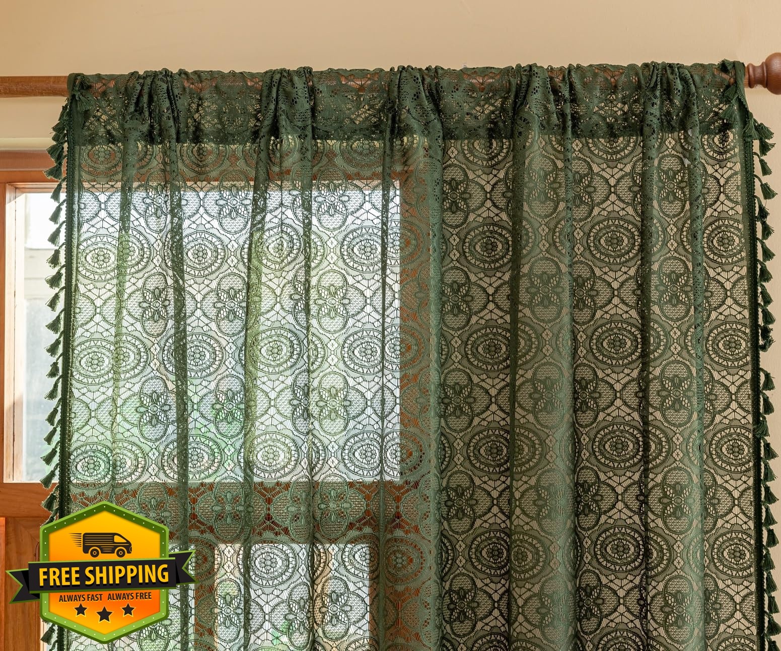 YJ YANJUN Boho Lace Curtains 72 inches Long 2 Panels -Vintage Floral Crochet …