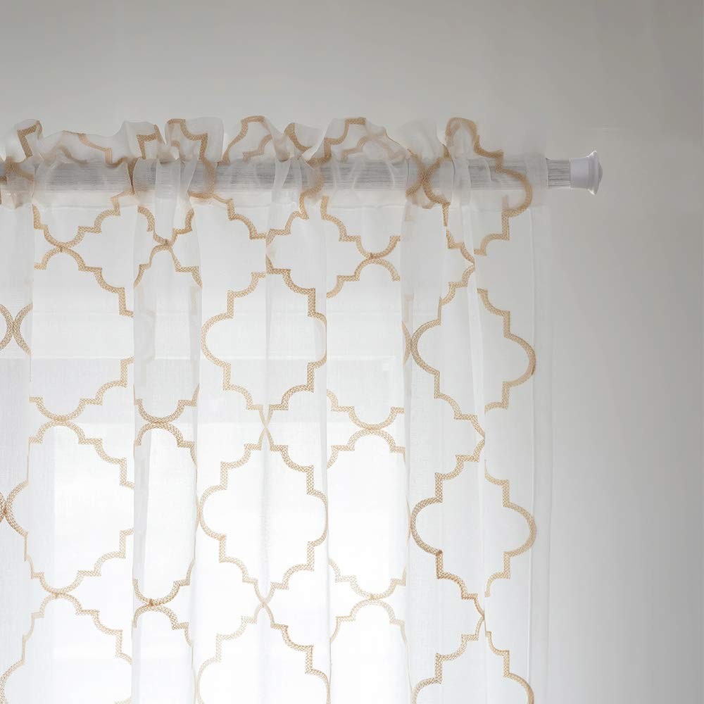Embroidered Moroccan Tile Lattice Design Gold Sheer Curtains 84 Inch Long, Ro…