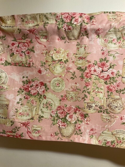Handmade Light Pink Flowers and Teacup Shabby Chic Valance, 41 X 15 INCHES