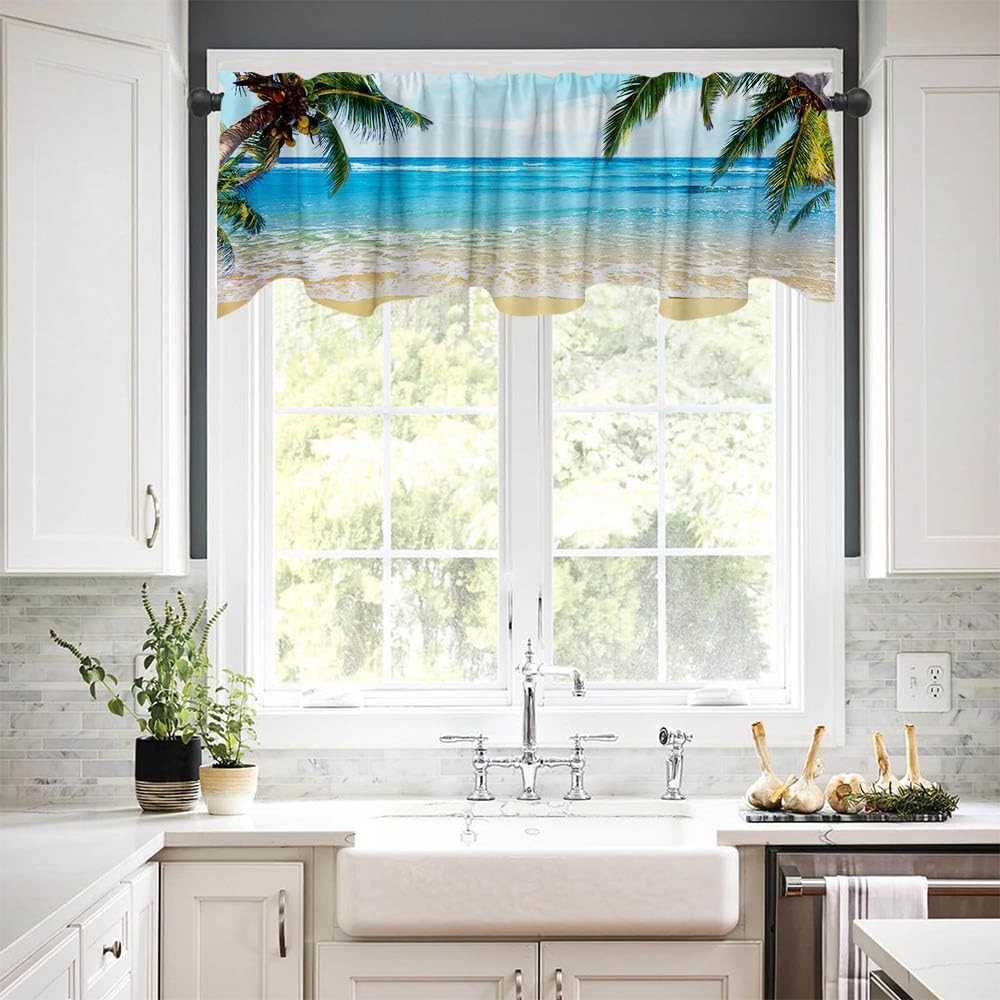 54×18 Inches Blue Sea Seaside Window Treatment Valance Coconut Tree Fine Summer