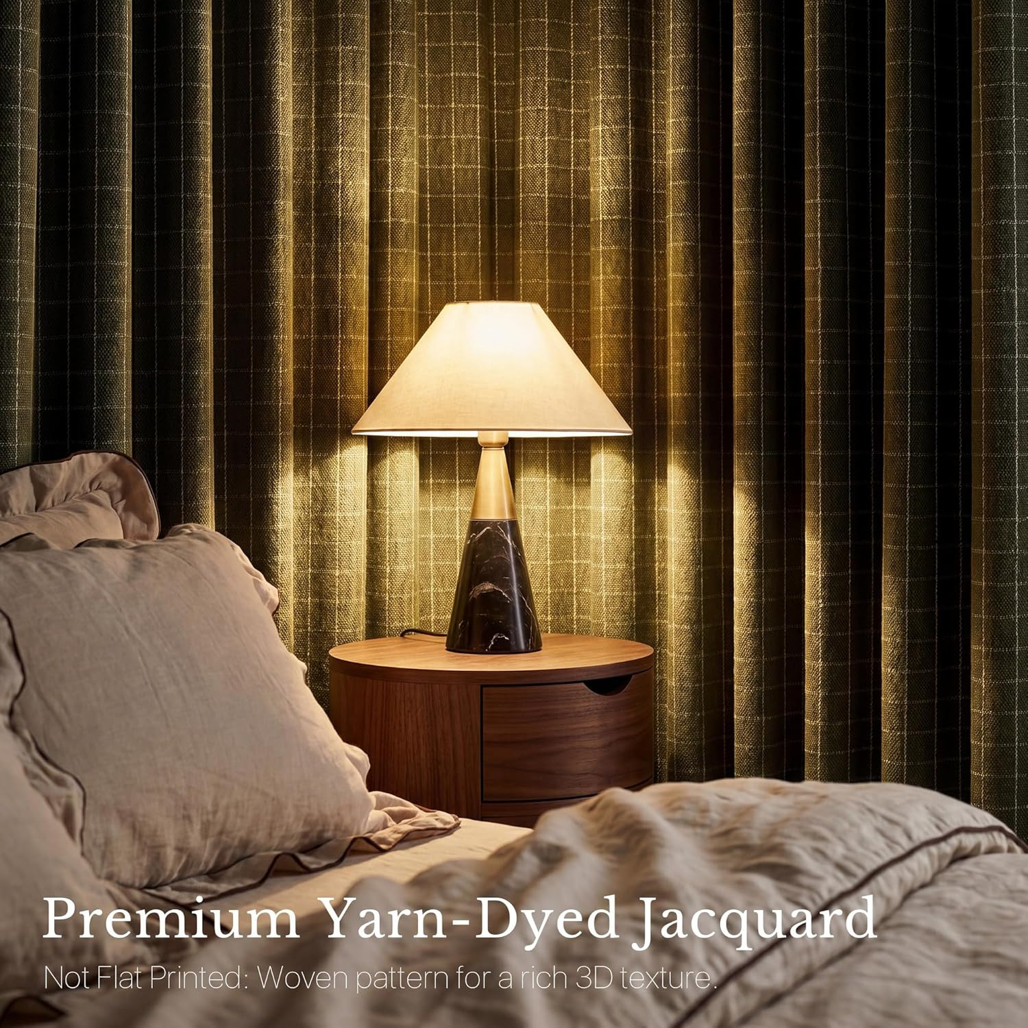 Olive Green Linen Plaid Bedroom Curtains, Rod Pocket & Back Tab Geometric Jacqua