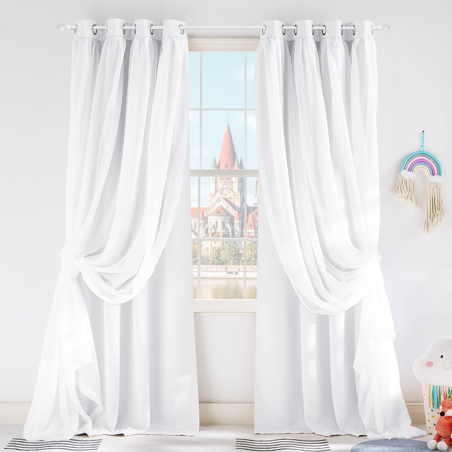 Pure White Blackout Curtains 52×84″ 2pc Sheer Overlay Romantic Grommet Drapes