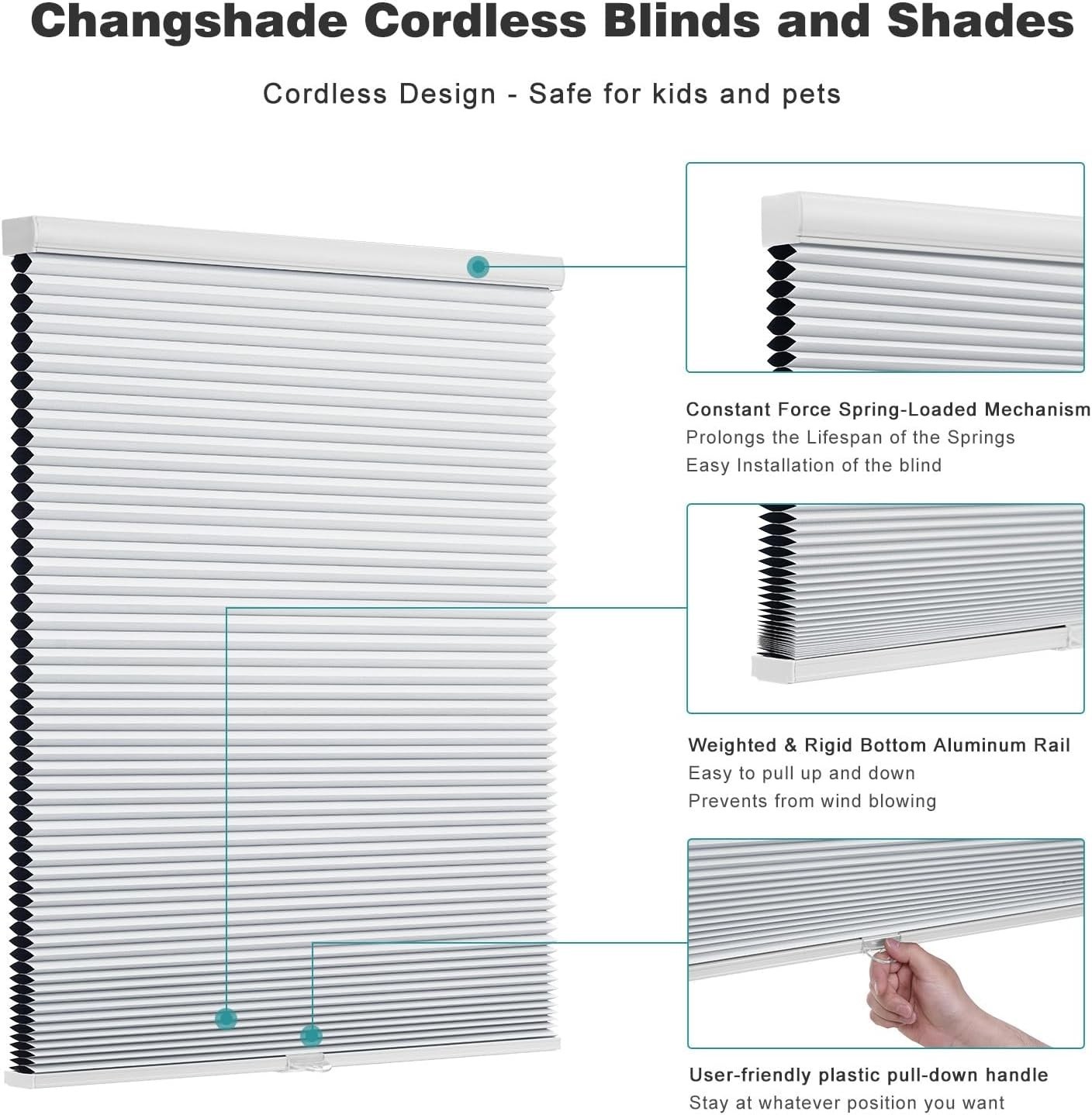 White Cordless Blackout Honeycomb Shades 34×72 for Windows and Doors
