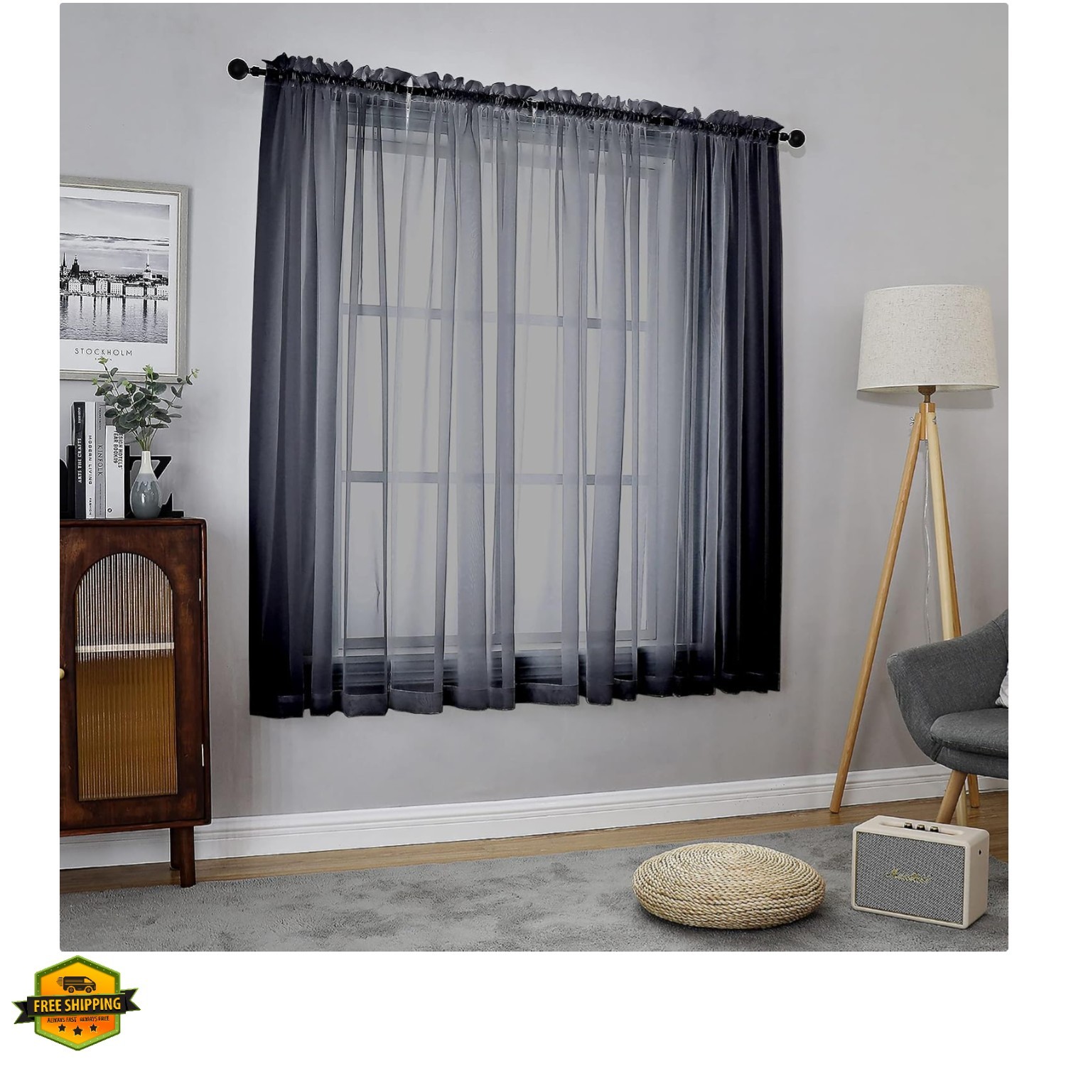 Black Sheer Window Curtain Panels 63 Inches Length, 2 Pieces, Voile Top Dual …