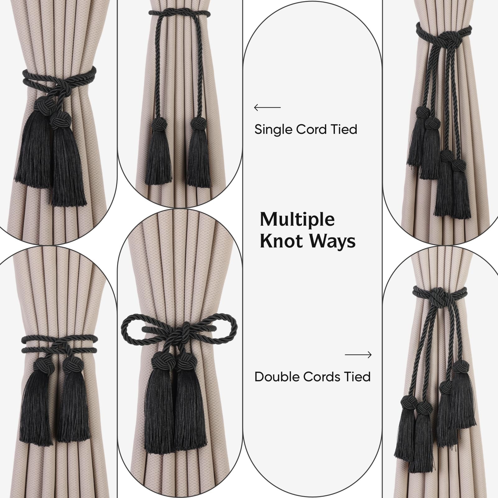 2 Pack Curtain Tiebacks Curtains Tie Back with Tassels- 2 Pack, Black