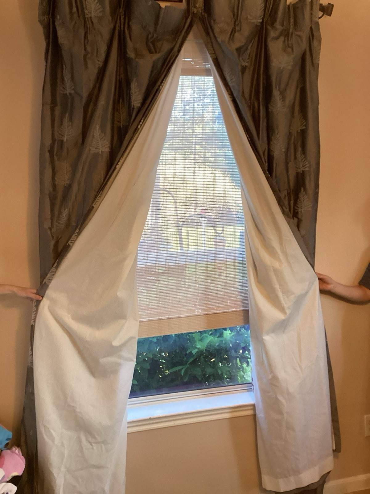 Silver/Gray (Aspen Tree embroider) Silk Lined Rod Pocket Curtain Panels 48”x95”