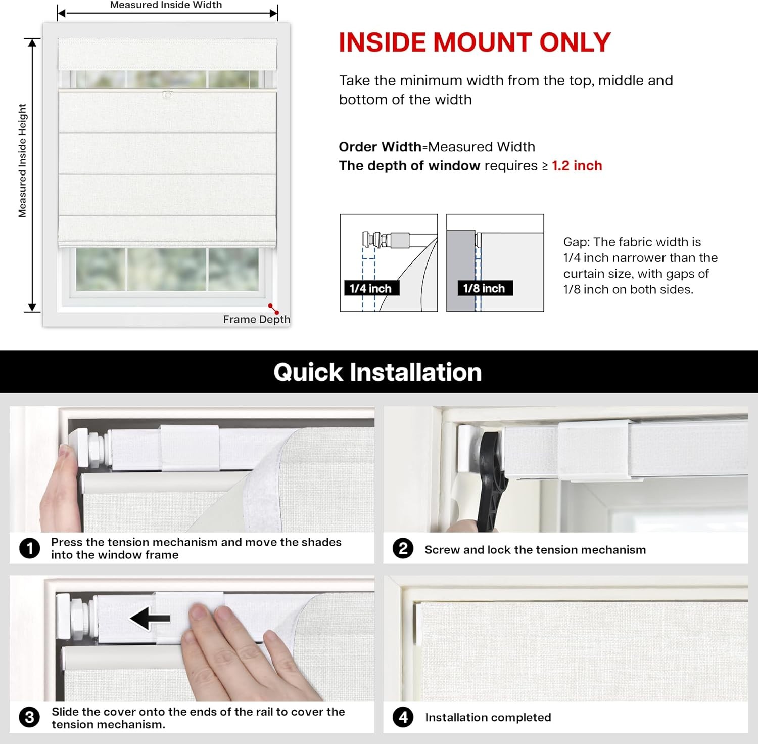 No Drill TDBU Roman Shades, Blackout – White, 35″ W x 64″ H | No Tools Down