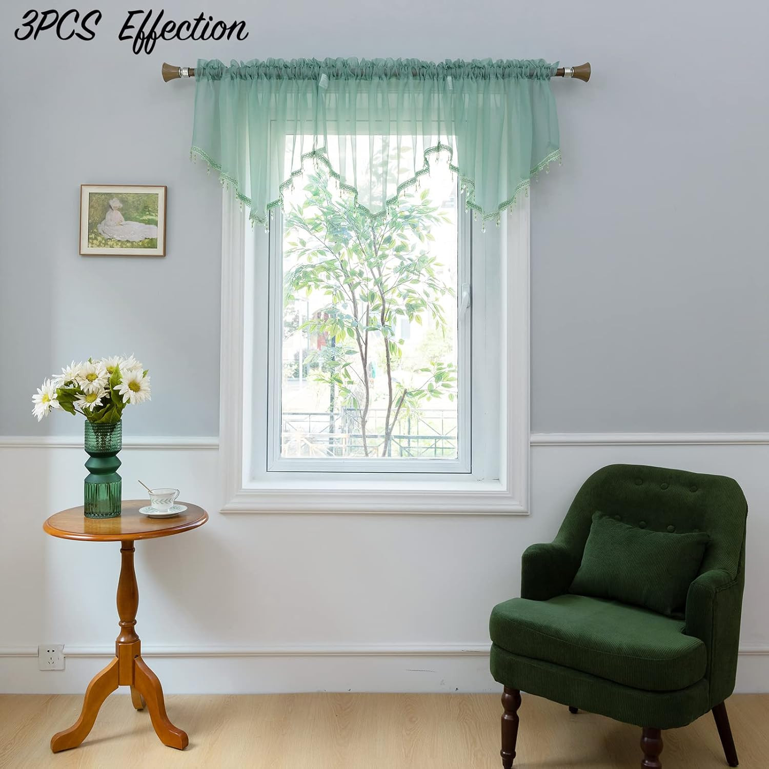 Pearage Beaded Sheer Valance Curtains for Living Room,Rod Pocket Farmhouse Windo