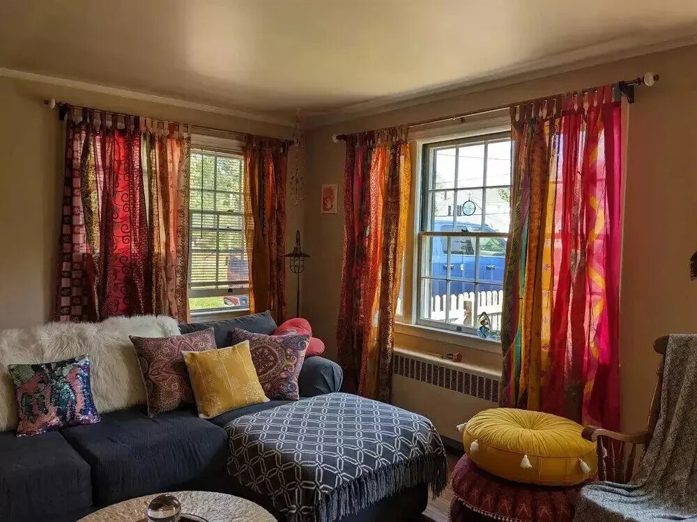Indian Vintage Silk Sari Patchwork multi Color Curtain Drape Home Window Decor,
