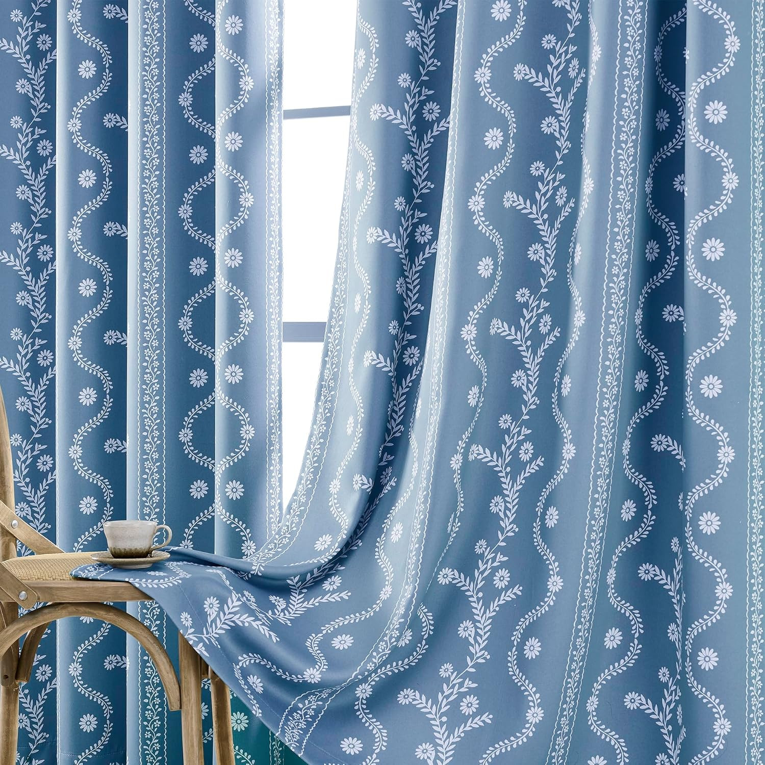 Blue and White Blackout Curtains 63 Inch Thermal Window Drapes 2 Panels