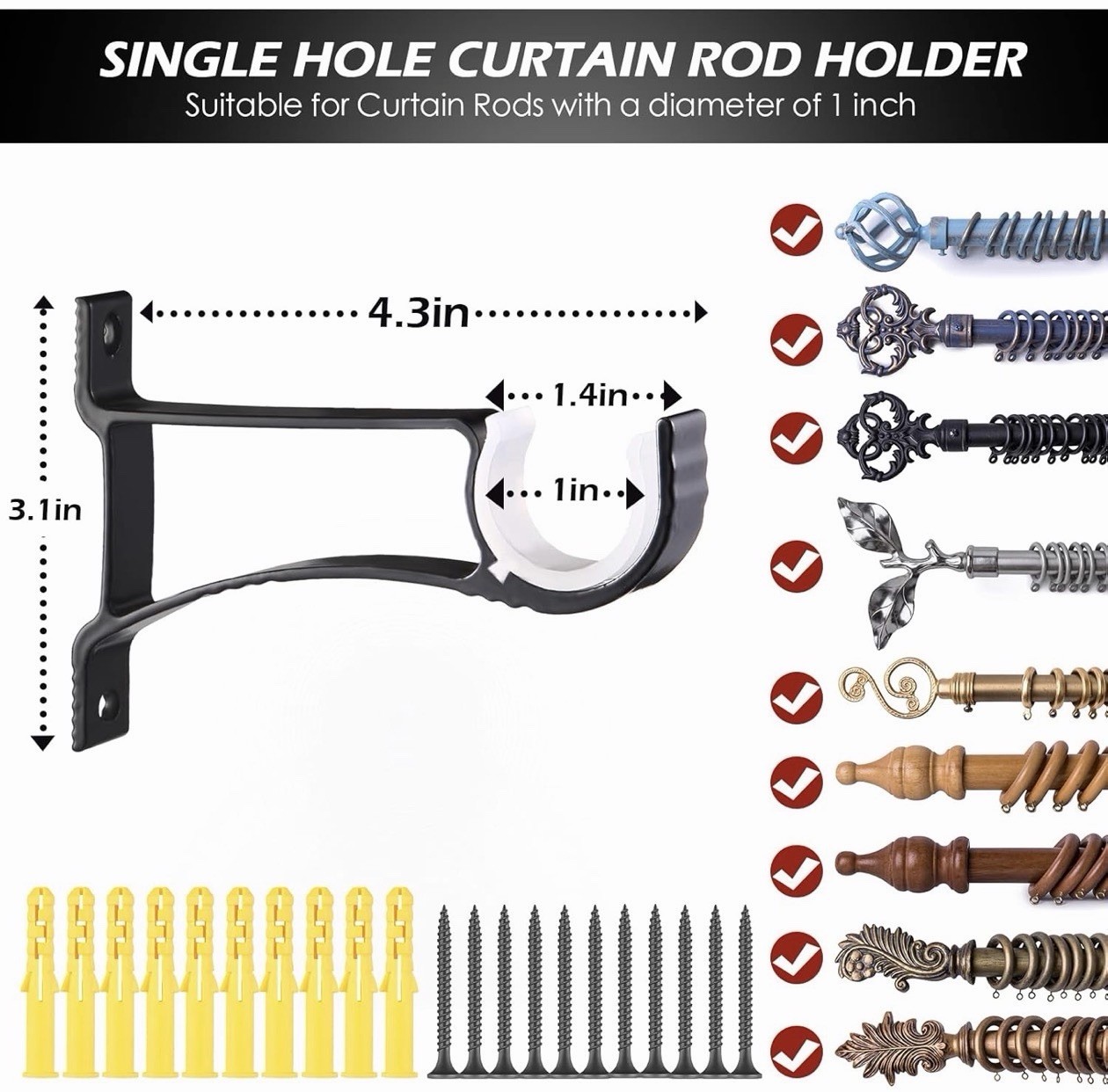 16 Pcs Curtain Rod Bracket Heavy Duty Holders Hooks Hangers Bulk for 1 Inch t…