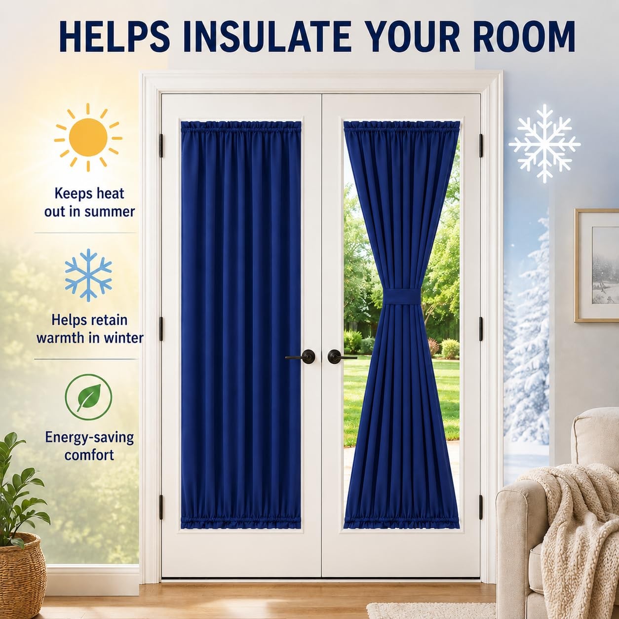 French Door Curtain Panel for Privacy – Blackout Rod Pocket Front Door Side W…