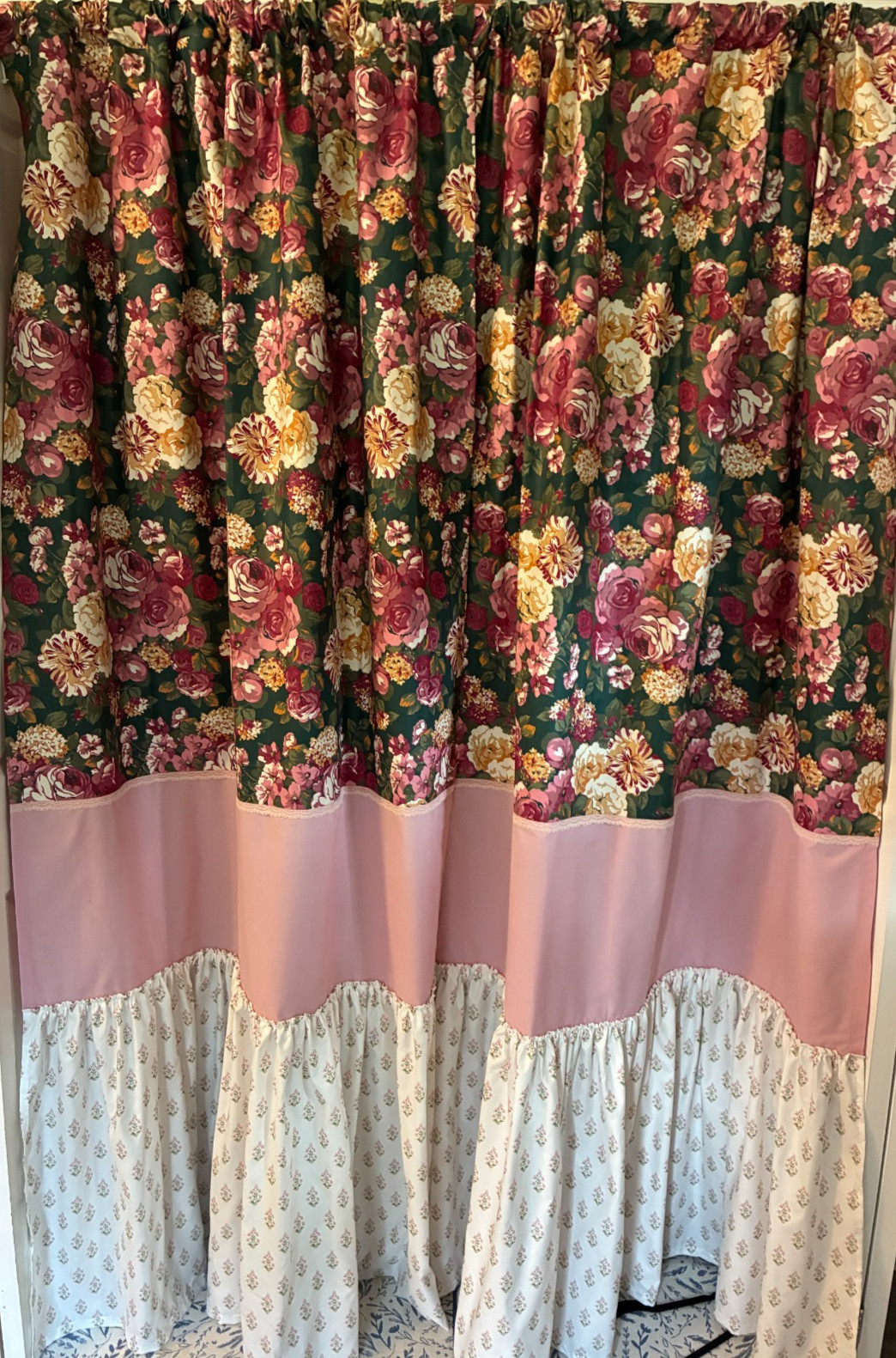 4 handmade curtain panels green pink floral layered 43 W x 83 L