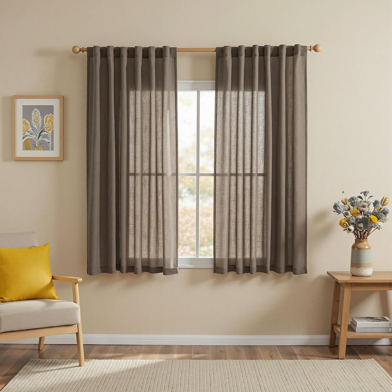 MYSKY HOME Dark Brown Sheer Curtains 63 inch Length Semi Sheer Curtains for Bedr