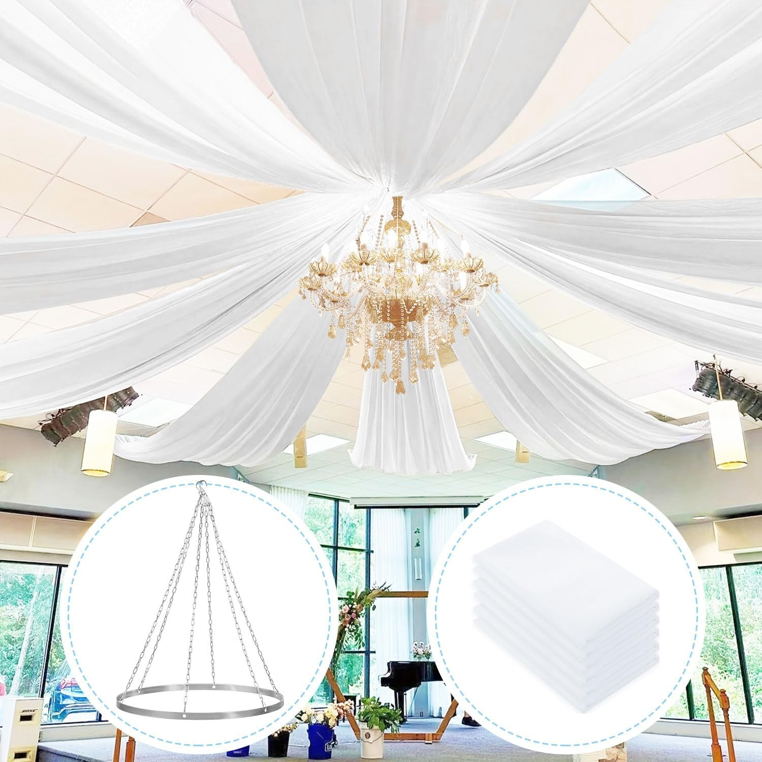 White Chiffon Ceiling Drapes with Hanging Kit for Weddings & Events – 6 Pack