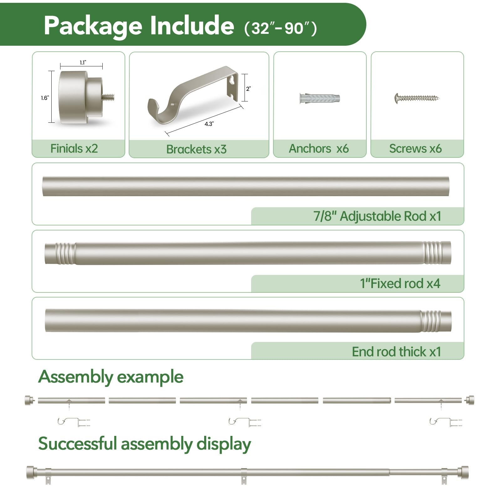 Time Forest Curtain Rods for Windows 48 to 84, 1 32″ 90″, Brushed Nickel