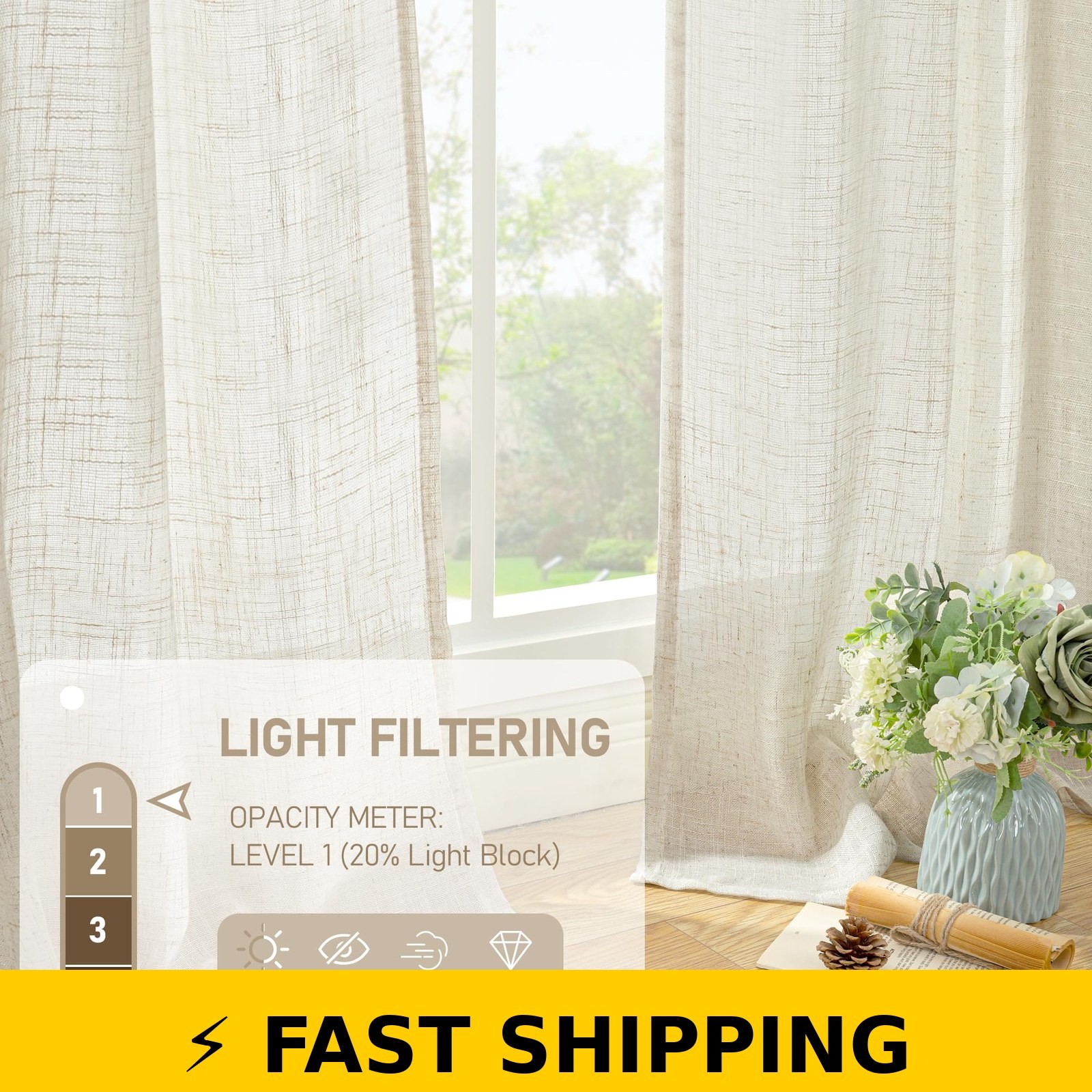LAMIT Natural Ivory Linen Semi Sheer Curtains 84 inch, 2 Panels