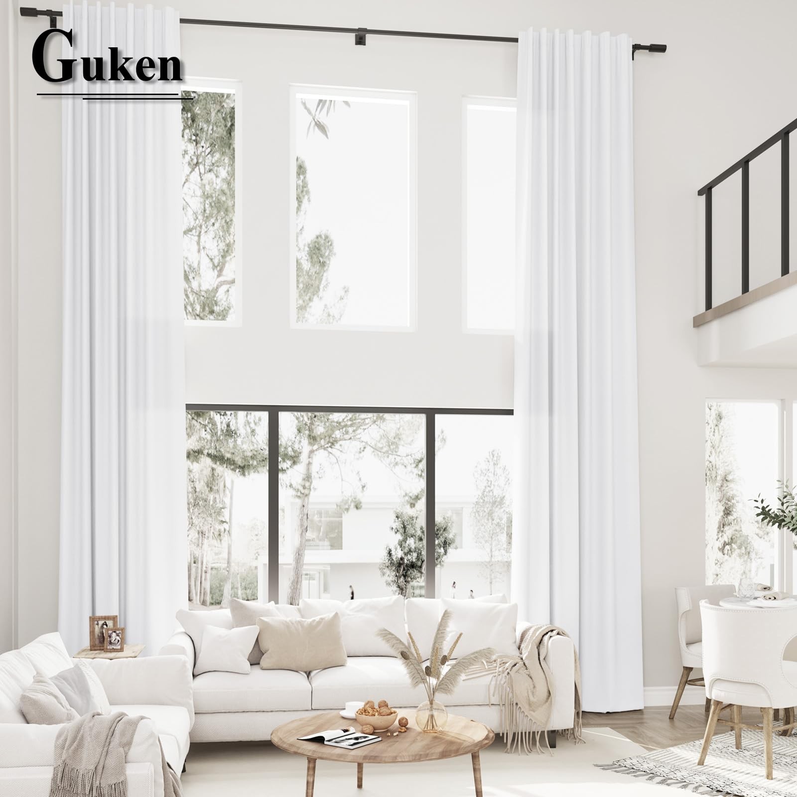 Guken White Linen Extra Long Curtains 168 Inches Long High Living Room Back Tab