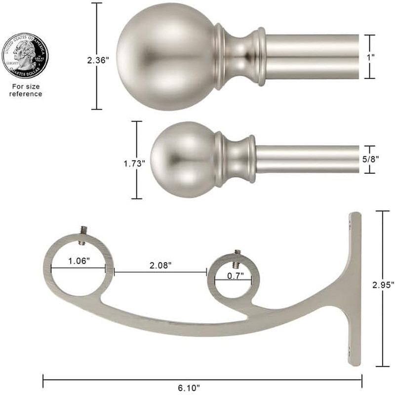 Brushed Nickel Double Curtain Rods – Adjustable 144-164 Inch Rods with round Fin