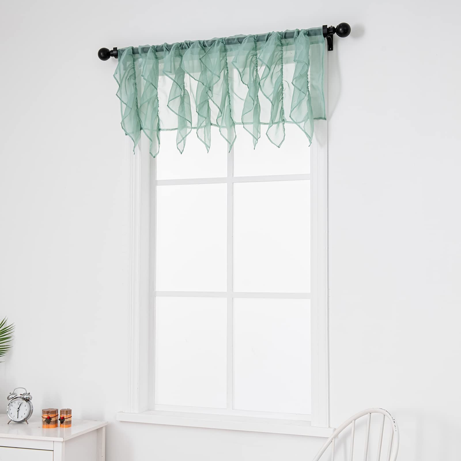 Ruffled Voile Semi Sheer Curtain Valance, Kitchen Living Room Shabby Chic Ruf…