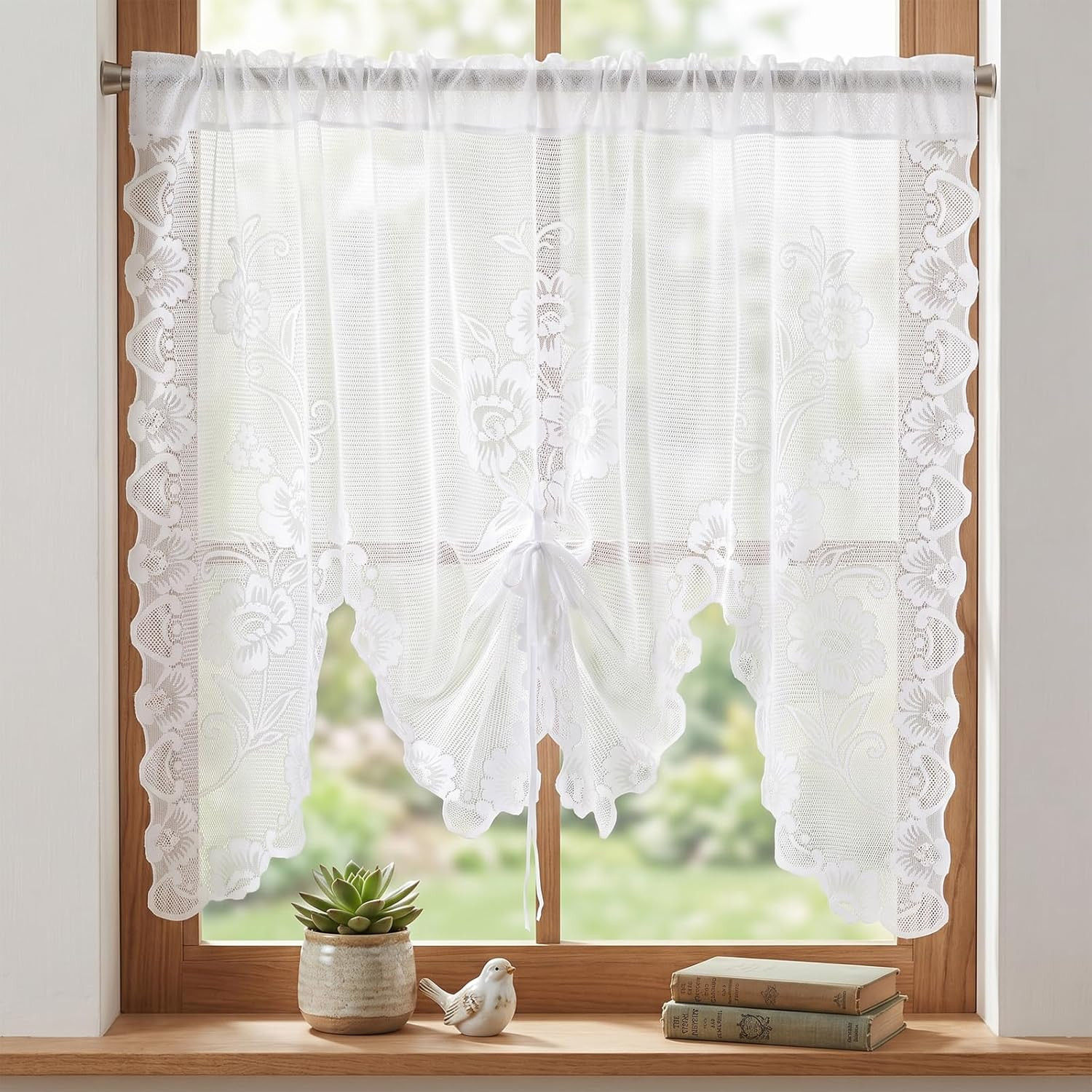 White Semi-Sheer Floral Lace Curtain Swag For Kitchen Half Window Bathroom Decor