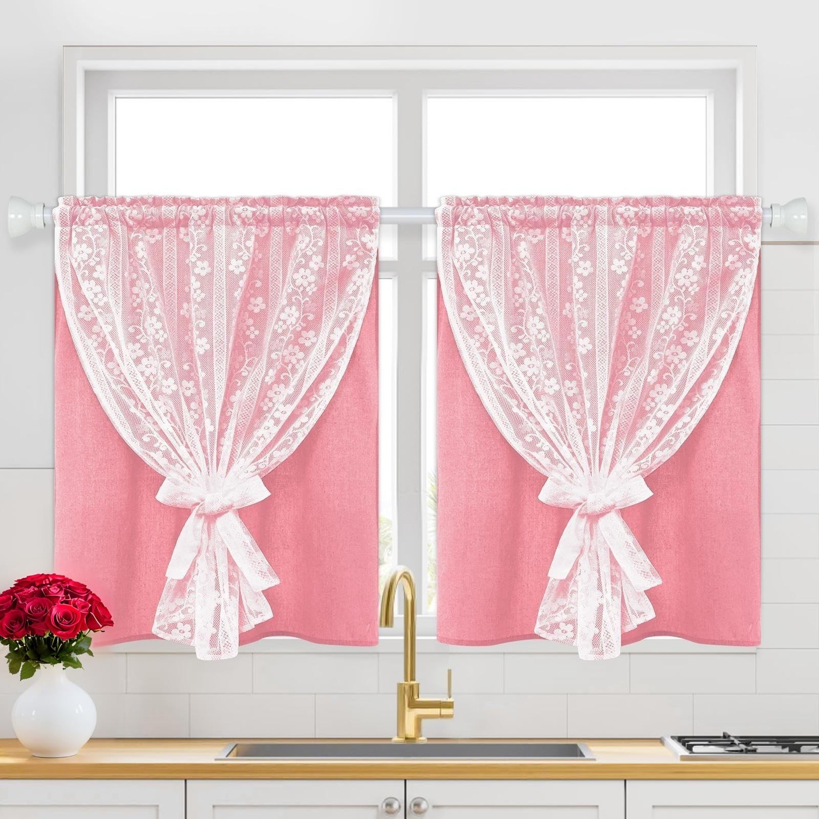 Aspmiz Pink Kitchen Curtains Double Layer Curtains Linen Lace Linen Kitchen
