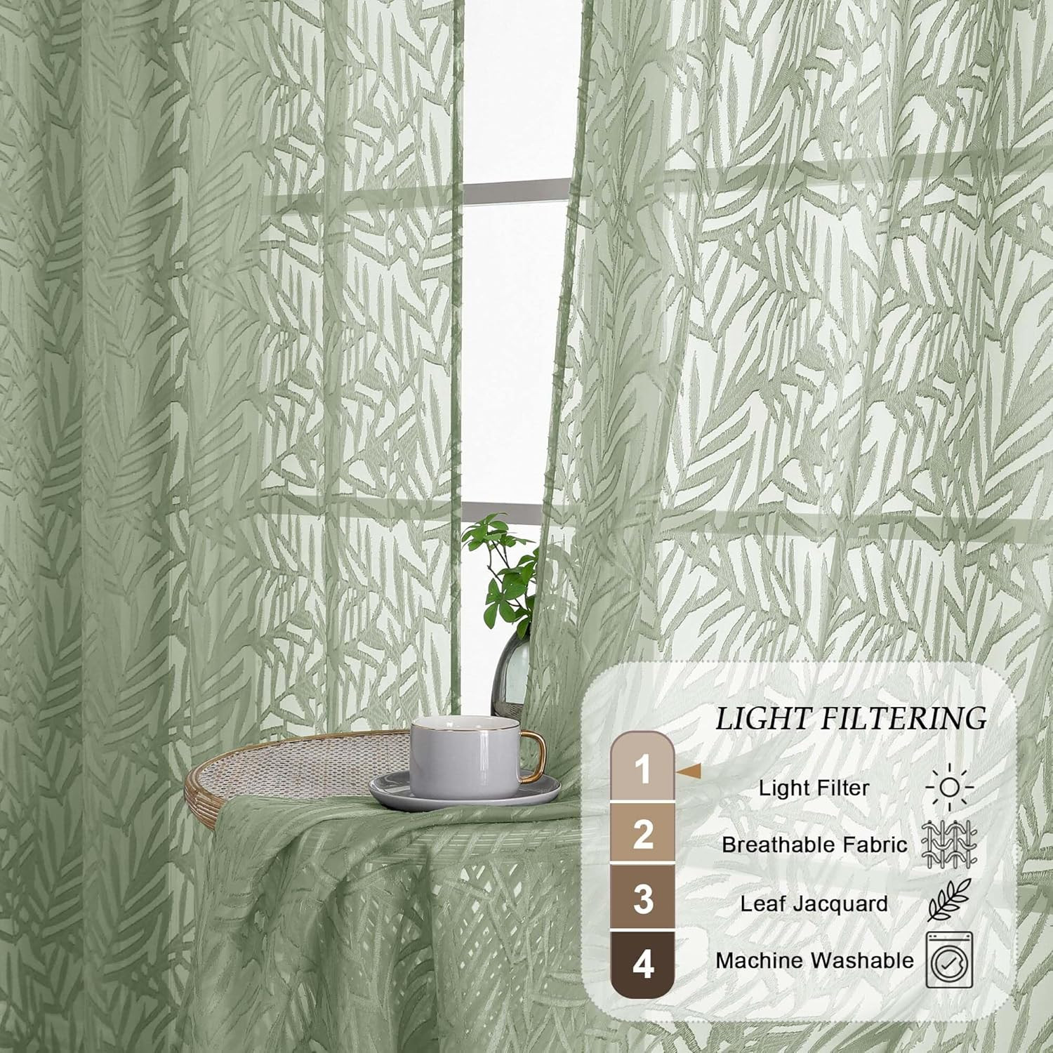 OVZME Sage Green Sheer Curtains 63 Inch Length 2 Panel, Light Filtering Bedroom
