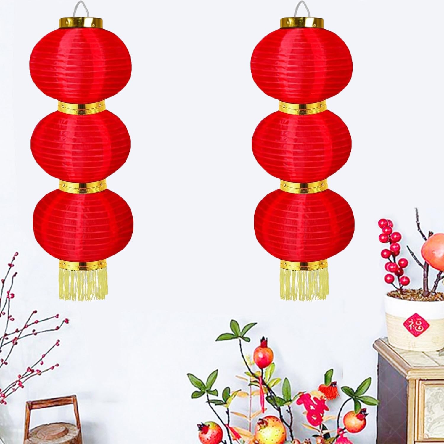 Chinese New Year Decorations 2 Sets Red Fabric Lanterns Decorative Hanging La…
