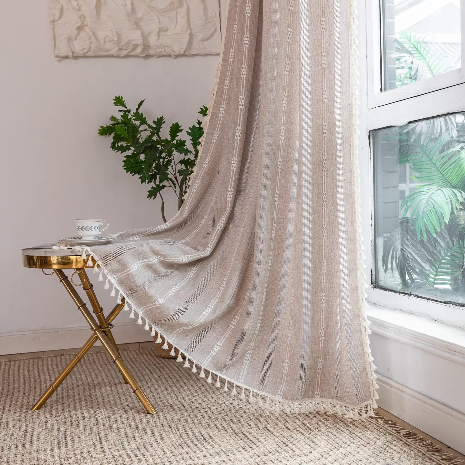 Linen Curtains 63 Inch Length 2 Panels for Living Room Embroidery Khaki Boho