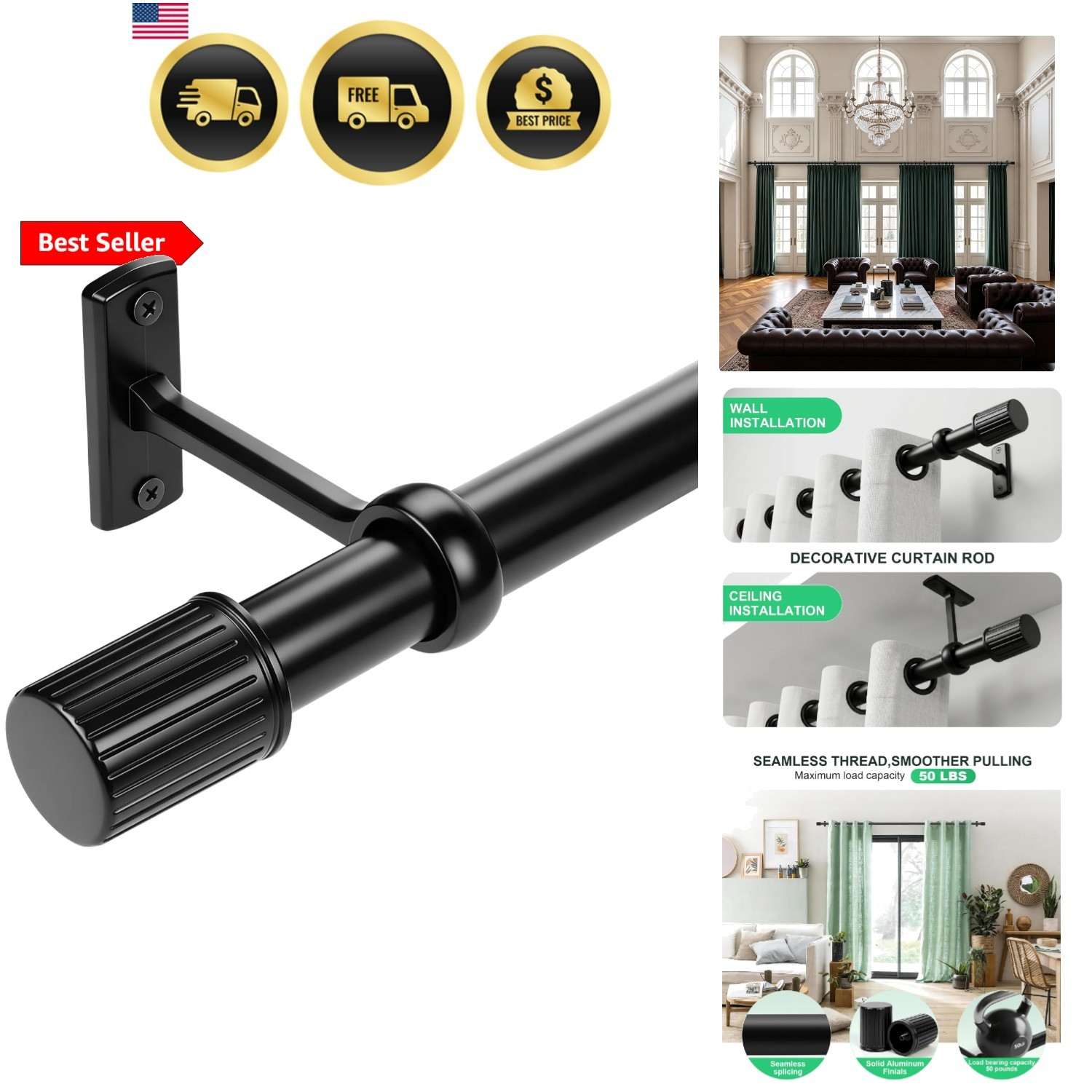 Extra Long Curtain Rods for Windows 120 to 240 Inches, Heavy Duty Adjustable …