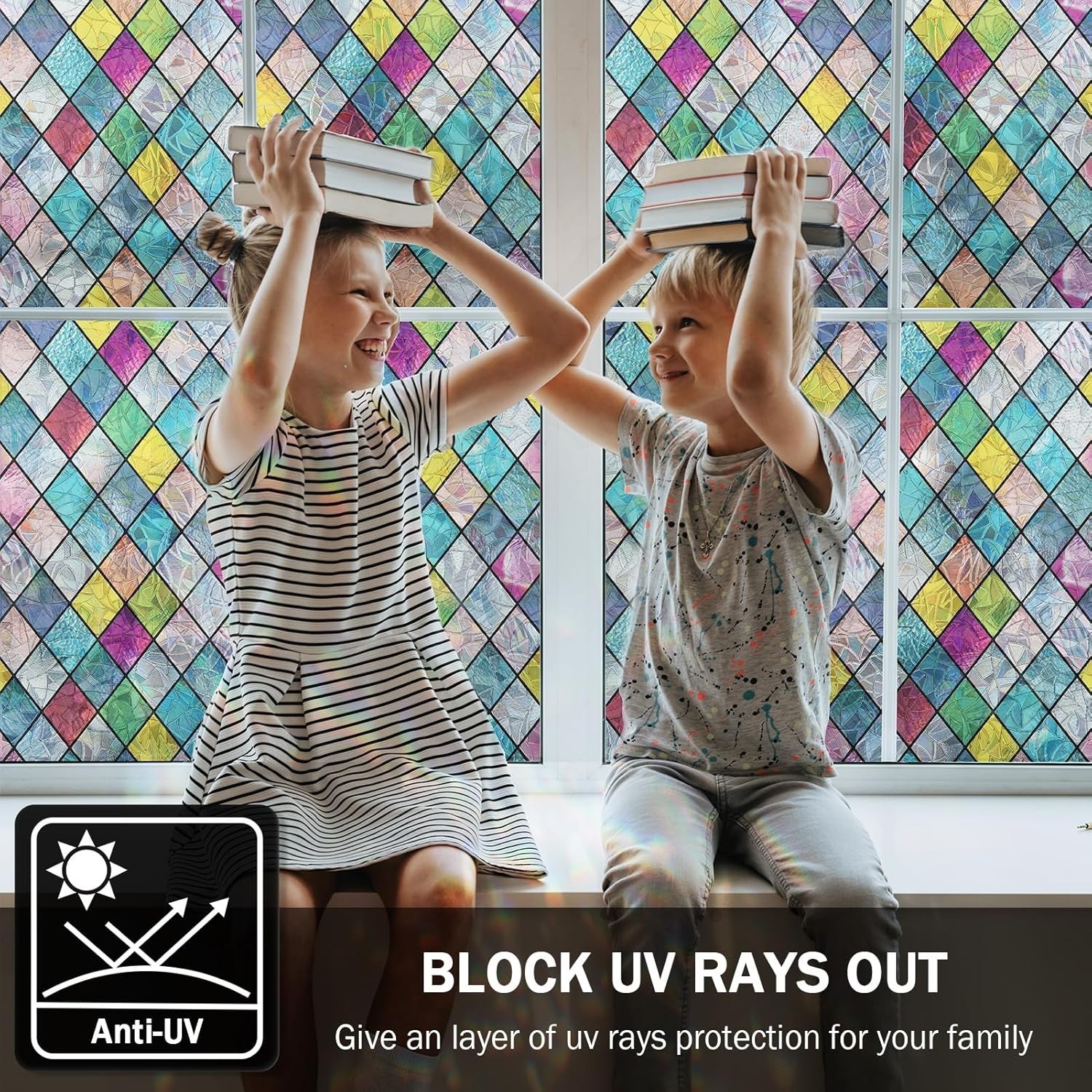 Colorful Lattice Window Tint: UV-Blocking Stained Glass Film 17.3 x 78.7 inches