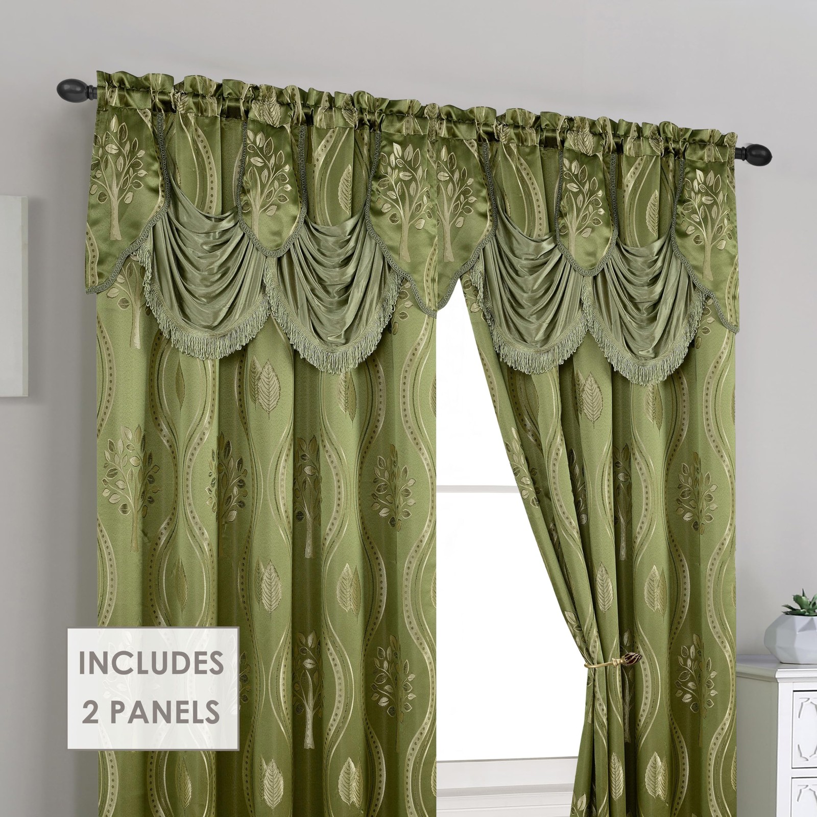 Aurora Jacquard Look Curtain Panel Set Attached Valance 54″ X 84 inch Set of 2