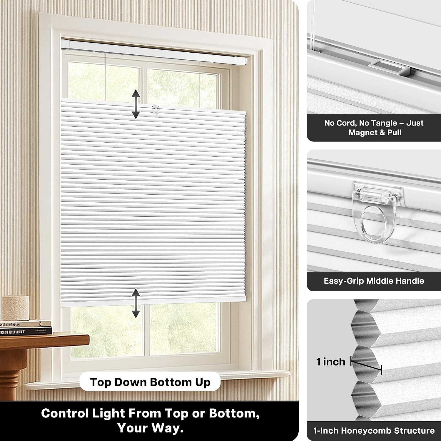 Lazblinds No Drill TDBU Cellular Shades, 45″ W x 72″ H, White | Blackout